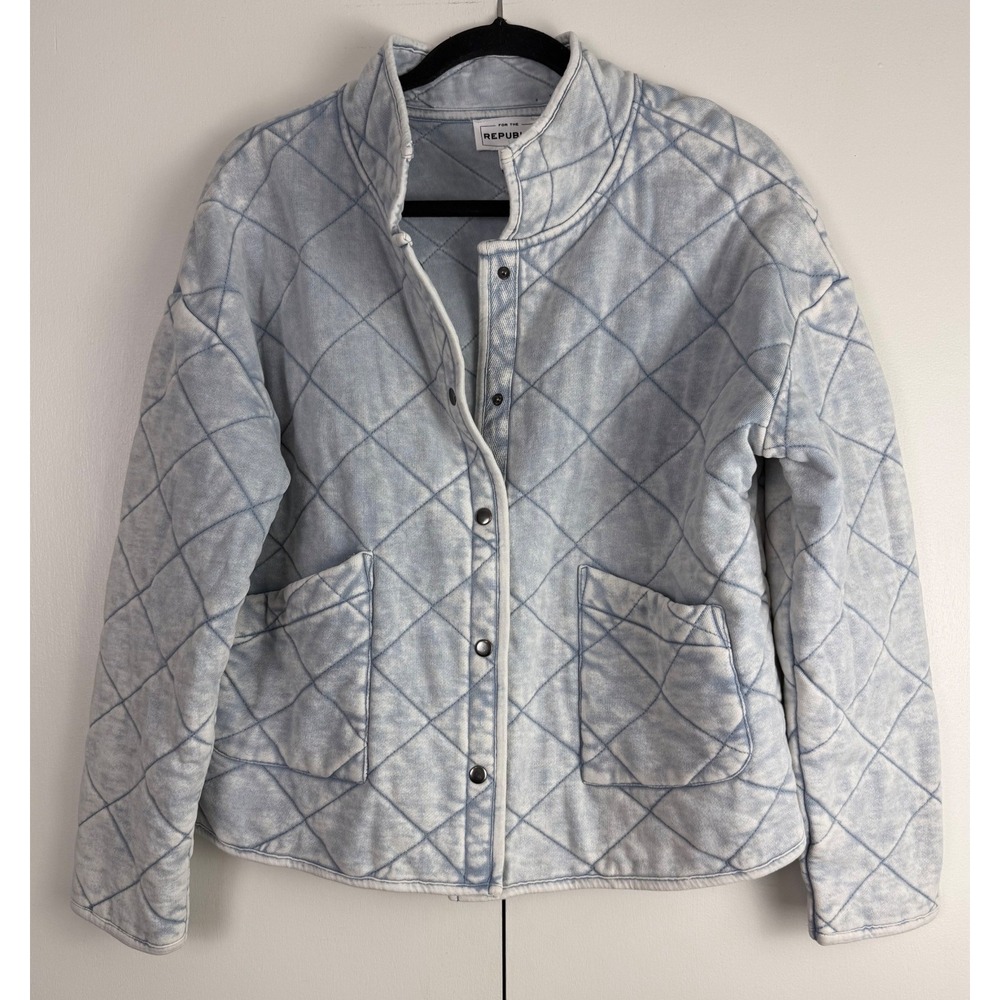 For The Republic Womens Quilted Denim Snap Jacket Acid Wash Light Blue‎ Size M